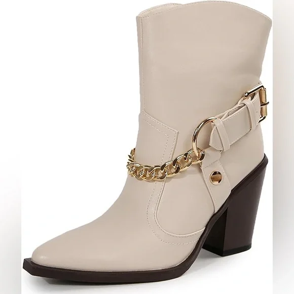 Faux leather Beige Ankle Boots with Gold Chain - Picture 2 of 4